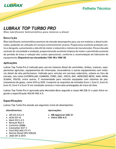 Óleo Motor Diesel Top Turbo Pro Lubrax 10w30 Semissintético