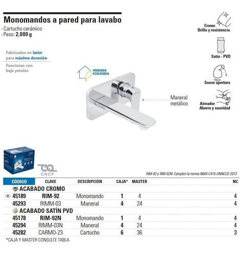 Mezcladora Riviera Lavabo A La Pared Cromada Foset 45189