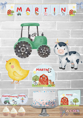 Digital Kit Imprimible Cumpleaños Candy Bar Personalizado Granja Tractor
