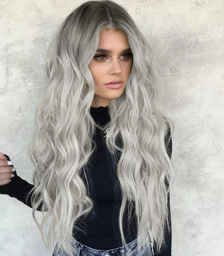 -peluca Larga De Mujer Color Gris Degradado Pelo Ola Natural