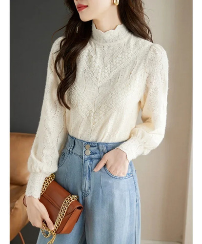 Top De Encaje Con Cuello Alto Y Manga Larga Para Mujer