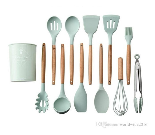 Set X12 Kit Utensilios De Cocina Mango Madera Punta Silicona