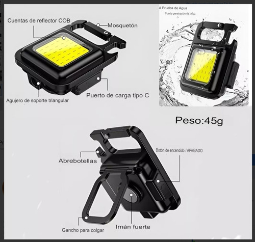 Linterna Led Cob Llavero Gancho Portátil Recargable Potente