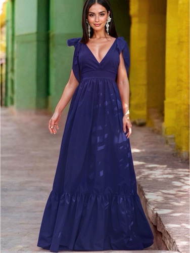 Vestido Largo Escote Cruzado Detalle De Moño En Hombros #81