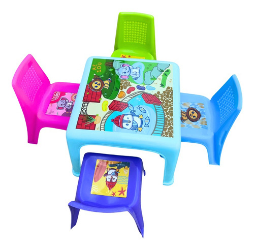 Mesa Infantil Y 4 Sillas De Colores Para Niños Dibujo Comer Color Azul Claro
