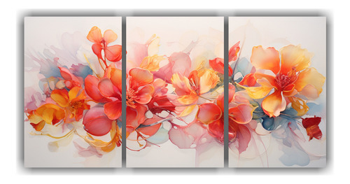 150x75cm Tríptico De Flores Abstractas En Acuarela Moderna