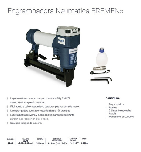 Imagen 2 de 6 de Engrampadora Neumatica Bremen Tapiceria 12.7 X 8 A 16mm Cod. 7265 Dgm