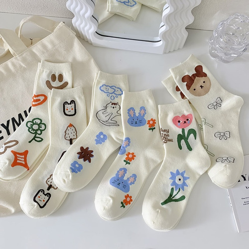 6 Pares De Calcetines De Algodón Con Estampado Floral Y Boni