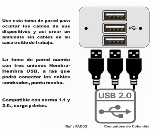 Imagen 4 de 6 de Toma Pared Con Usb X3 (faceplate) Ref: Fac03 Computoys Sas