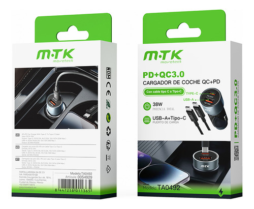 Cargador Carro Auto 38w Carga Rápida Con Cable Pd 20w+qc 18w