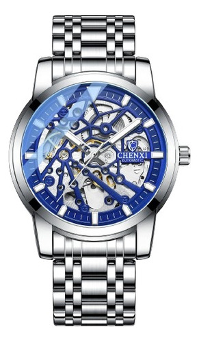 Relógio Masculino Automático Chenxi Tourbillion Skeleton Correia Prateado Bisel Prateado Fundo Azul