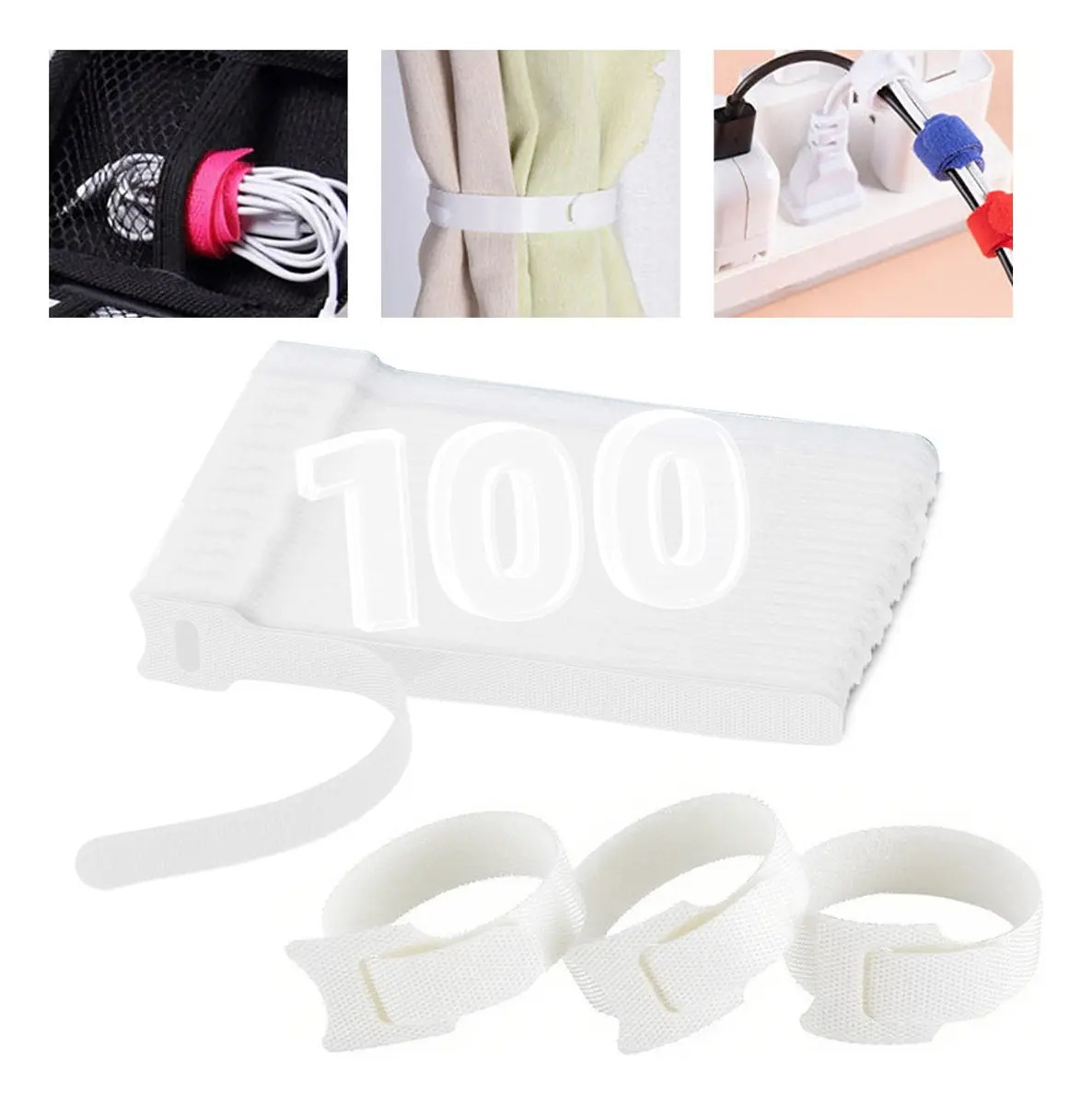 100 Piezas Cincho Suja Cables, Brida Con Velcro Reutlizable Blanco