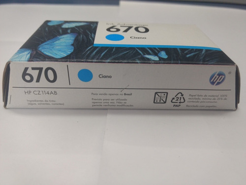 Imagem 5 de 5 de Cartucho Original Ink Advantage Hp 670 Ciano 3,5ml Cz114ab