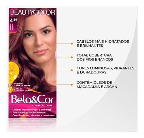 Coloração Kit Bela&cor Todas As Cores - Tinta Para Cabelo Tom 4.66 vermelho profundo