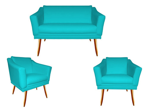 Kit Namoradeira Decor + 2 Poltronas Agatha Suede Azul Turquesa