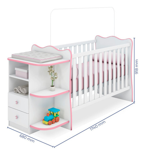 Jogo Berço Cômoda Com Colchão Branco Rosa Qmovi
