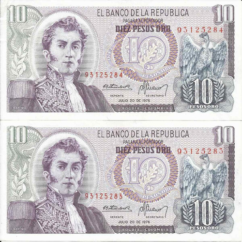 Colombia Dúo Números Consecutivos, 10 Pesos 20 Julio 1976