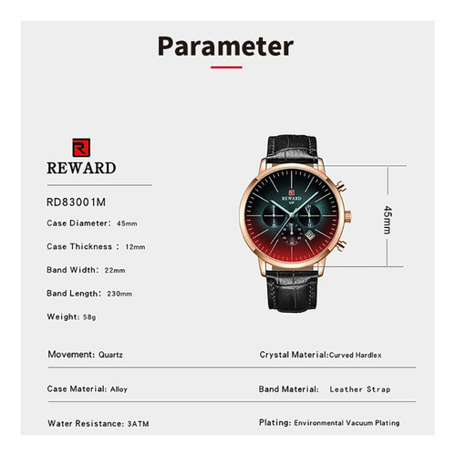 Reloj cronógrafo de piel Reward Quartz Calendar, color del bisel: azul rosa