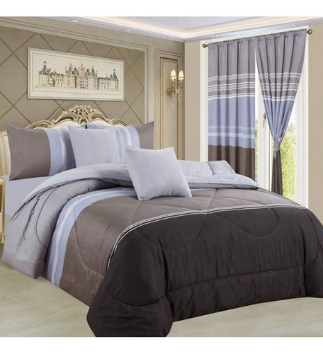Juego 11 Pz Edredon Individual Reversible Cortinas Y Fundas Gris