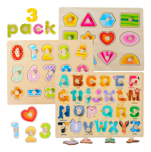 Montessori Mama Pegged Wooden Puzzles For Toddlers 1-3, 3-pa