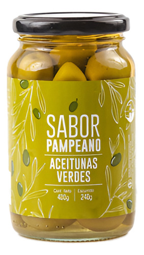 Aceitunas Verdes Con Carozo N° 0 Frasco de Vidrio 400 gramos Conserva en Salmuera Sabor Pampeano