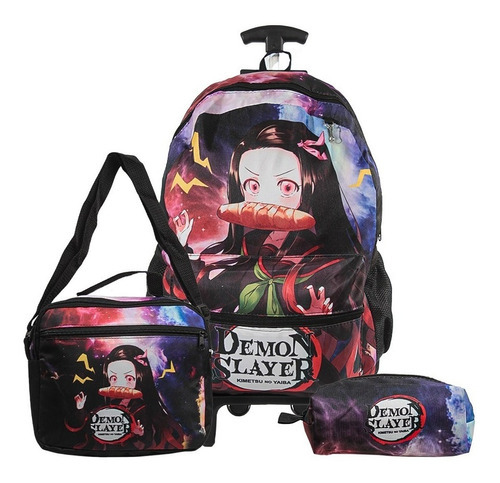 Mochila Escolar Demon Slayer Rodinha Kit Lancheira+estojo