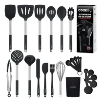 Comprar Set 24 Utensilios De Cocina Cookify de Silicona y Acero Inoxidable Incluye Base Protegen Tus Sartenes Resistentes al Calor Antiadherentes Color Negro\u002FPlateado