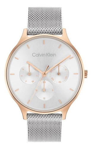 Reloj Calvin Klein Timeless Multifunción P/mujer 25200106 Malla Plateado Bisel Dorado