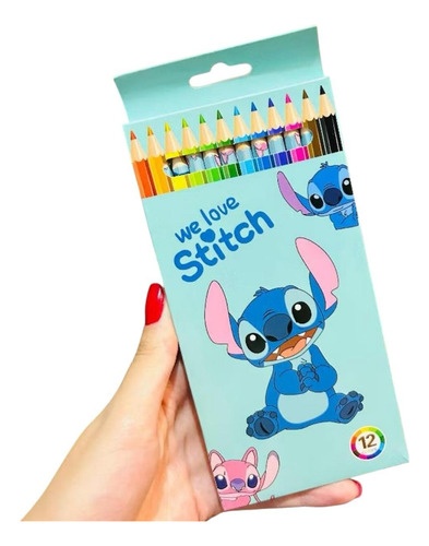 Caixa Com 12 Lápis De Cor Stitch Kawaii Papelaria Fofa Film Stitch C