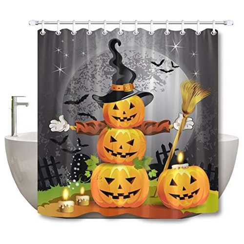 Halloween Pumpkin   Curtains For Bathroom Witch Hat Bro...
