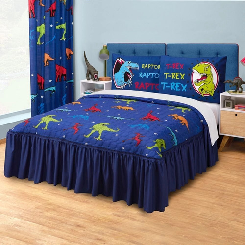 Colcha Matrimonial Jurásico Azul Marino C/ Fundas Elefantito