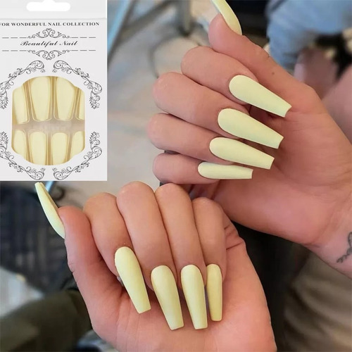 Paquete Uñas Postizas Desmontables Mate Amarillo Crema