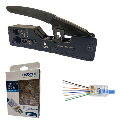 Exbom Alicate crimpagem rj45 + 100 conector ez rj45 passagem