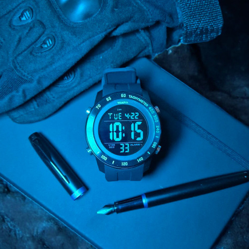 Reloj Tactico Militar Resistente al agua Wickpro Cronómetro Luz Nocturna Malla Flexible Números Grandes Aro De Acero Inoxidable Negro