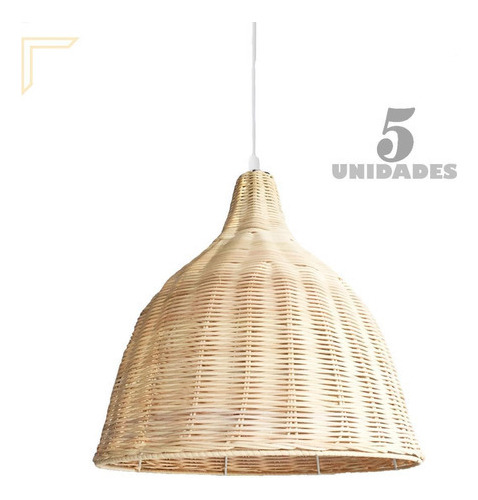 Kit 5 Pendente Em Fibra Natural Rattan Vime Sala Estar Nat12