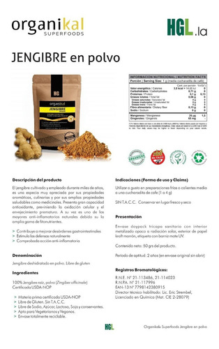 Organikal Superfoods Jengibre X 1 Sobre (50g.) Hydrogrow