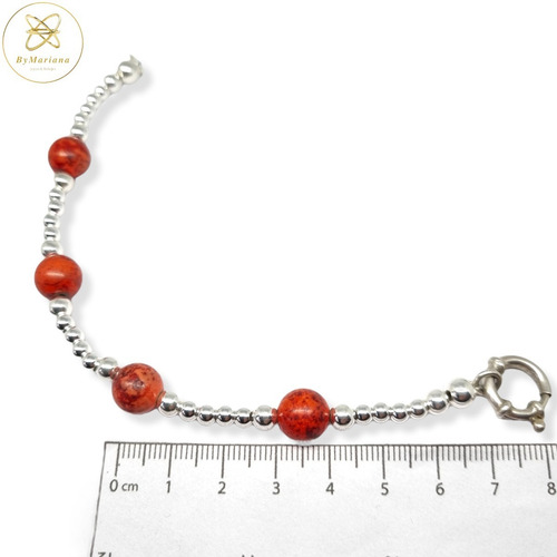 Imagen 3 de 5 de Pulsera Plata Bolitas Y 4 Piedras Rojas Cierre Marinero