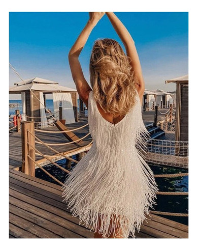 Vestido Femenino Con Decoración En V Cor Sólida Borla Sem Ma
