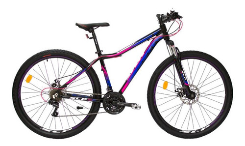 Mountain bike femenina SLP 25 pro R29 21v frenos de disco mecánico cambios Shimano Tourney TZ31 y Shimano Tourney TZ500 color negro/azul/fucsia con pie de apoyo