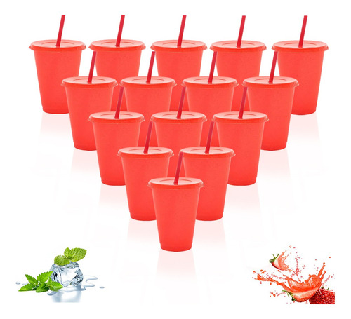 15vasos Mágicos Reutilizables Plástico 16oz C/tapa Y Popote Rojo