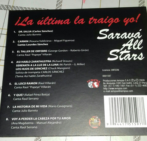 Sarava All Star La Ultima La Traigo Yo Salsa Cd