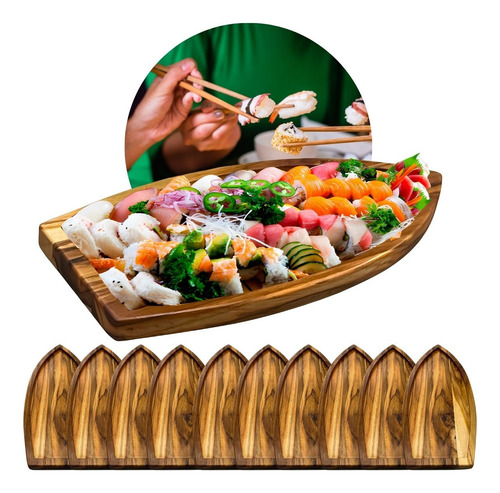 10 Barcas Sushi Sashimi Madeira Teca Personalizadas 40cm