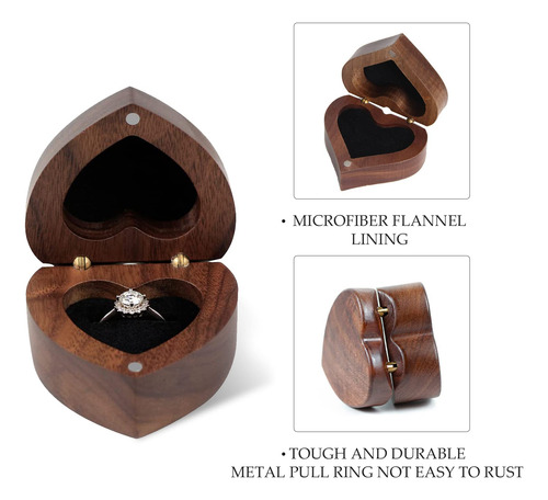 Caja Anillo Compromiso Corazón Madera Terciopelo Suave Bod
