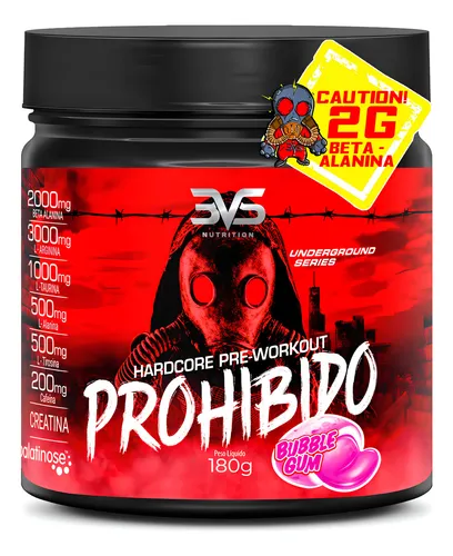 Suplemento en polvo con sabor a chicle Prohibido de Creatina Prohibido de 3VS Nutrition en un tarro de 180 g