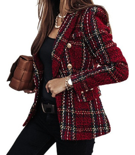 Plaid Cabolsa De Manga Larga Para Mujer, Blazer, Tweed