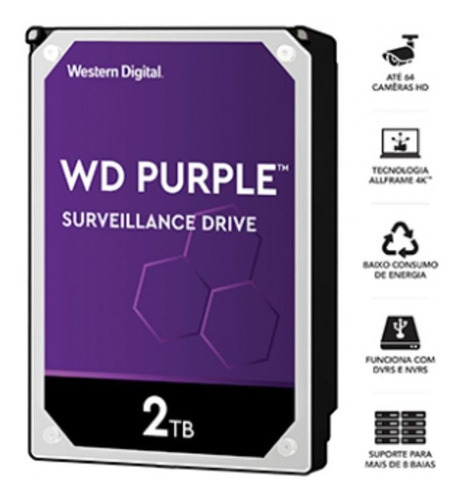 Hdd Wd Purple 2 Tb Para Seguranca / Vigilancia / Dvr - Wd22p Cor Roxo