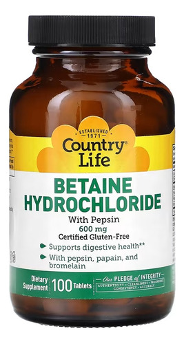 Country Life Clorhidrato De Betaína Con Pepsina 100 Tabs Sabor Sin Sabor