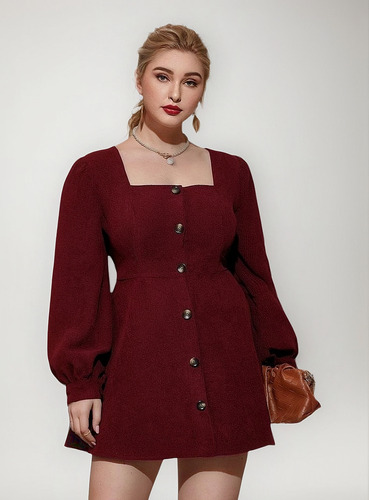 Vestido Bordó Tipo Corderoy Elegante Coquette Talle Grande