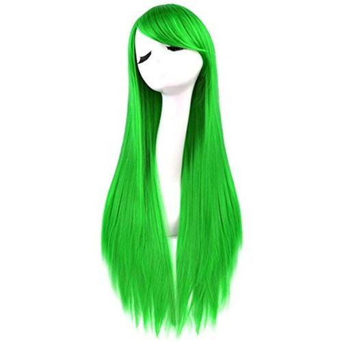 ¡ Peluca Lisa 80cm Kanekalon Larga Cabello Verde Neón !