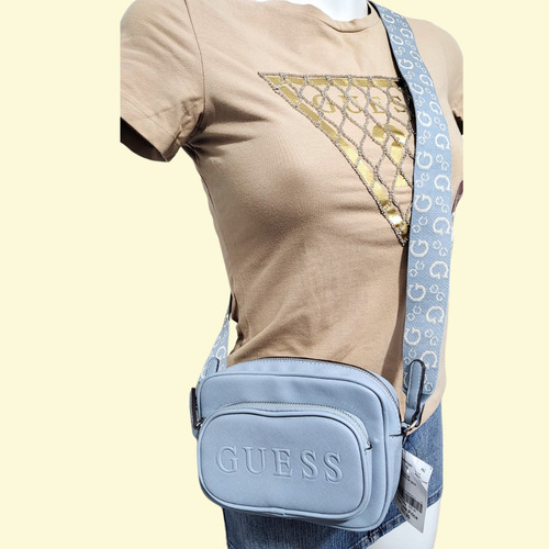 Crossboddy Guess Para Dama Light Blue 18x13x5 Azul Claro Liso Níquel Azul Claro